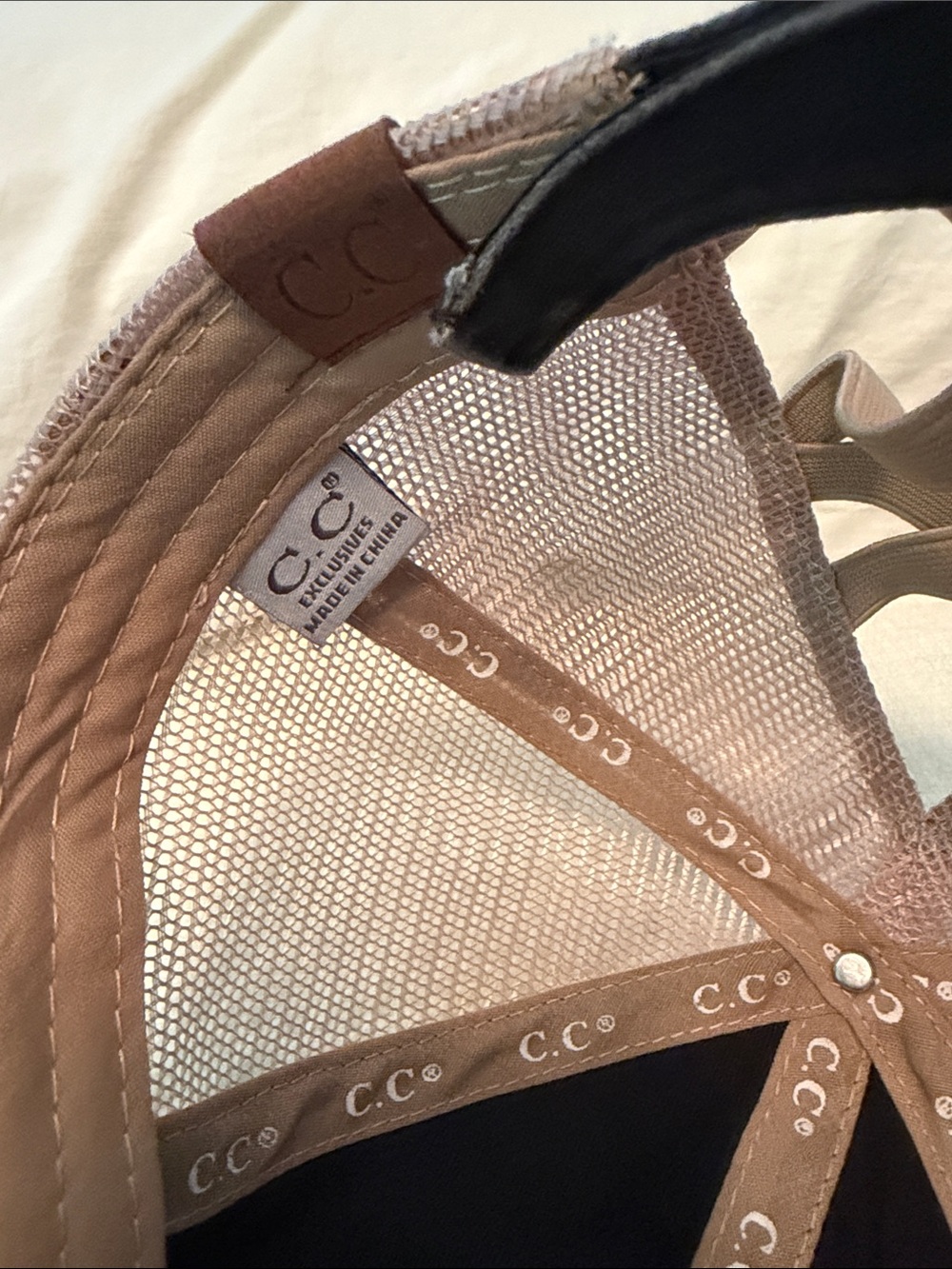 C.C Beige Mesh Ponytail Trucker Hat with Leather Patch - Picture 2 of 5